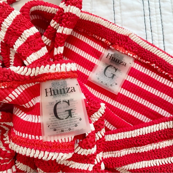 HUNZA G Nadine Striped Bikini Crinkle Stretch Ring Top Red White High Waisted - Picture 6 of 8